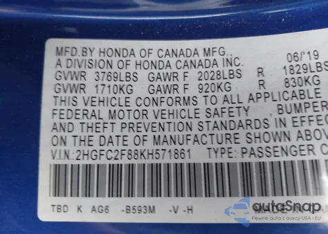 2019 Honda Civic Sport из США, поврежденный, VIN 2HGFC2F88KH571861